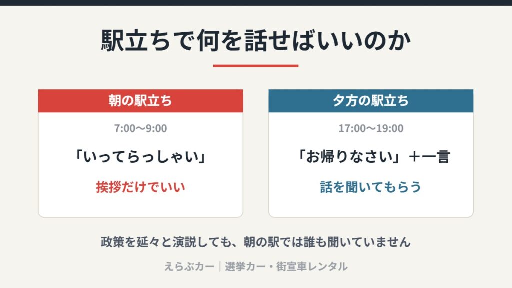 朝の駅立ちは挨拶だけ、夕方の駅立ちは挨拶＋一言